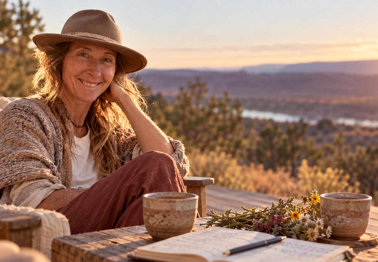 Woman sitting beside a journal, wildflowers and two cups at sunset.