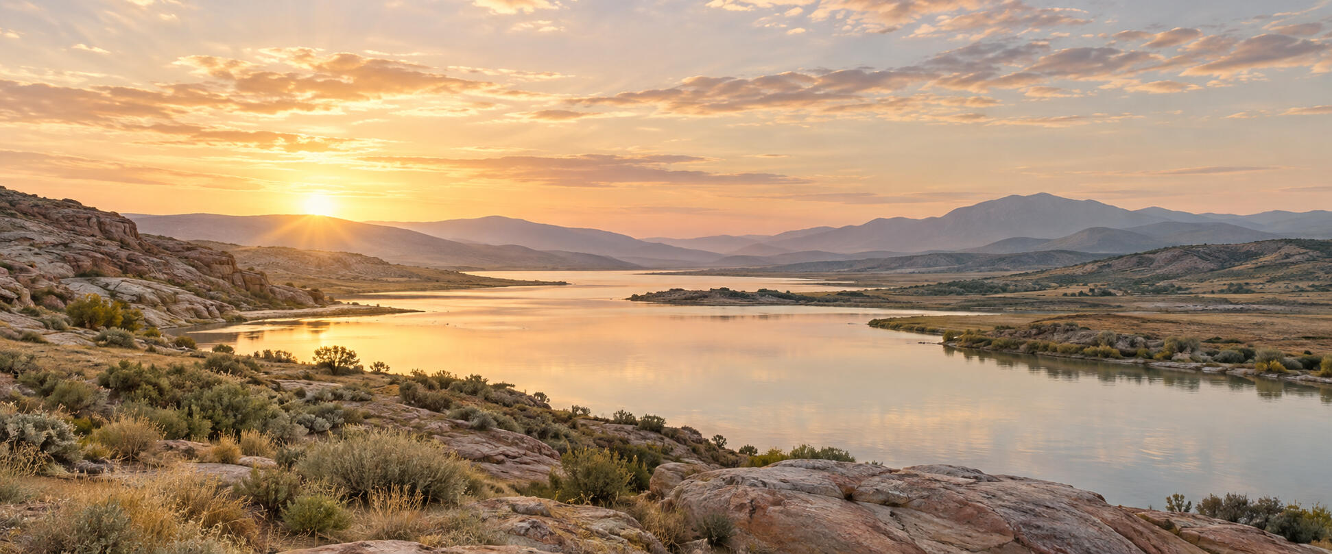 Still water reflecting the soft light of dawn beneath distant mountains.